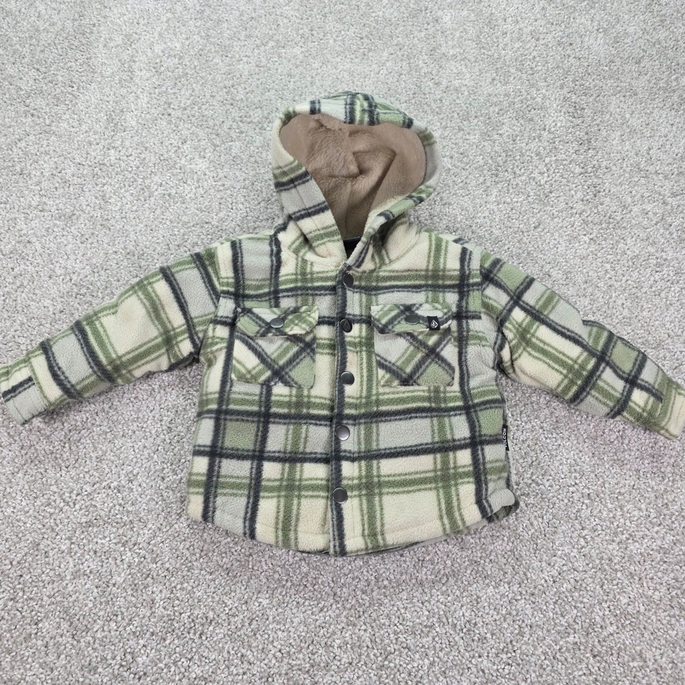 Volcom Kids Green Plaid Hooded Fleece Flannel Quilted Jacket 18M